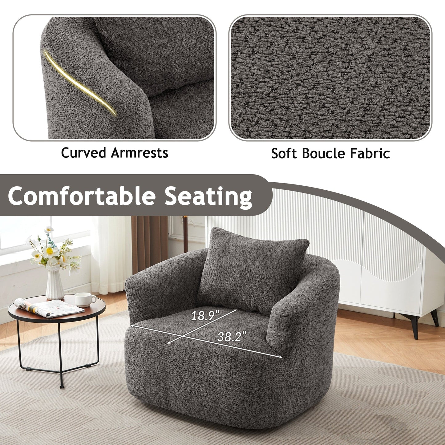 360¡ã Swivel Chair, 38.2 Boucle Accent Chair with Throw Pillow, Upholstered Barrel Sofa Chair with Curved Armrests