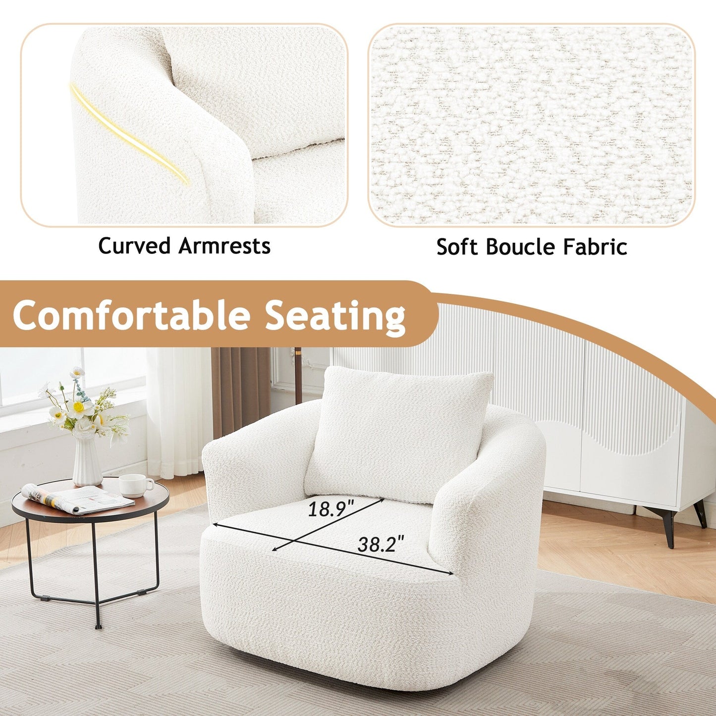 360¡ã Swivel Chair, 38.2 Boucle Accent Chair with Throw Pillow, Upholstered Barrel Sofa Chair with Curved Armrests