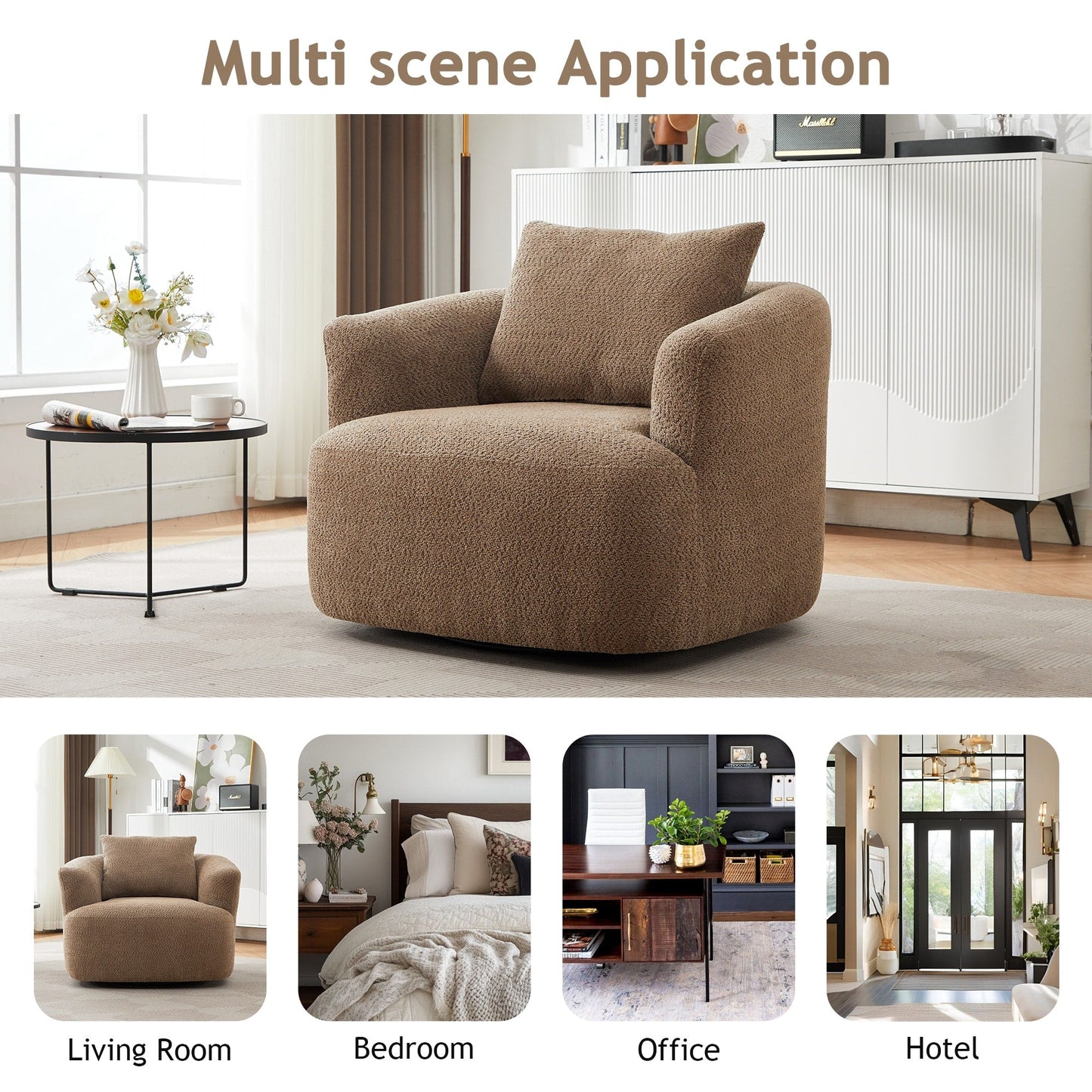 360¡ã Swivel Chair, 38.2 Boucle Accent Chair with Throw Pillow, Upholstered Barrel Sofa Chair with Curved Armrests
