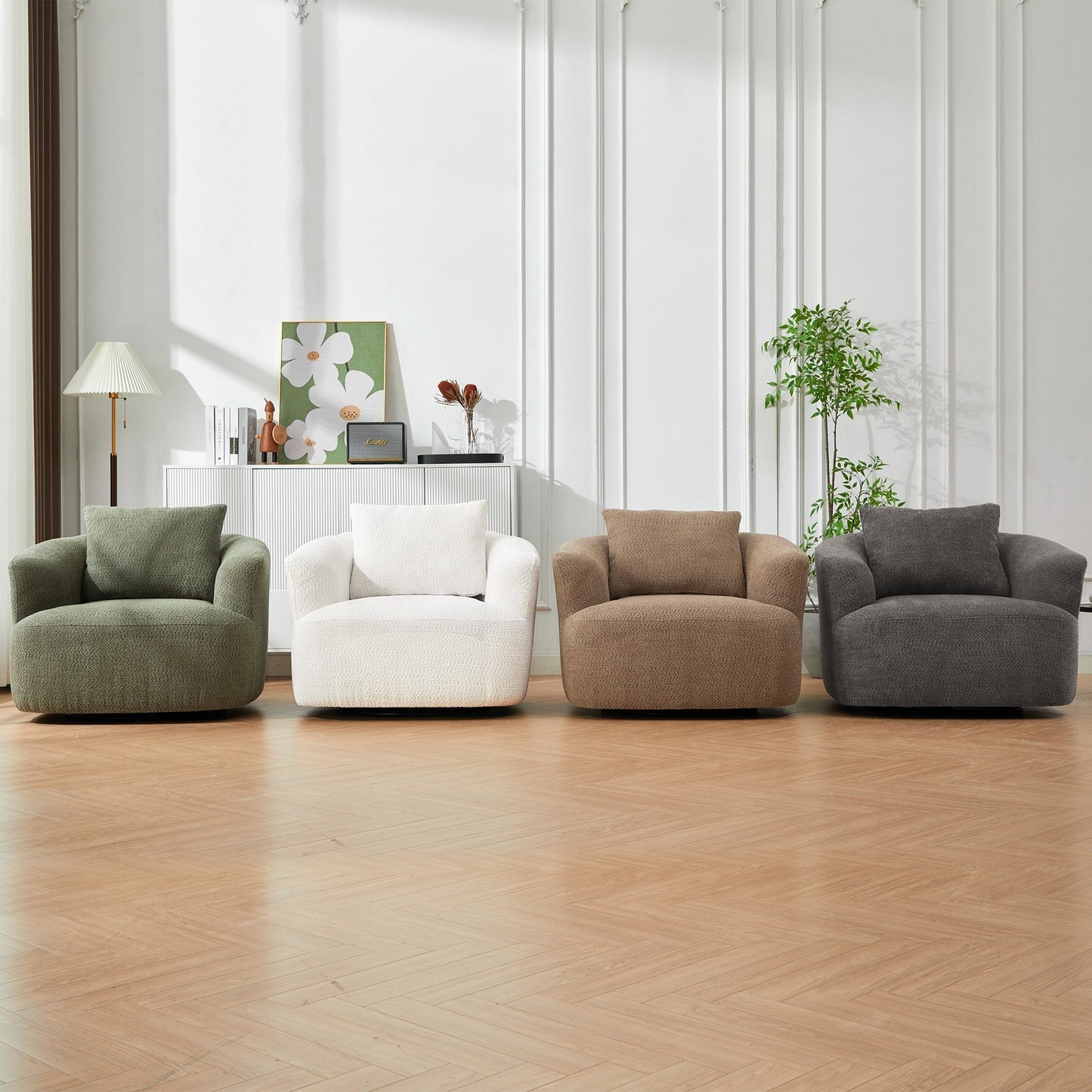 360¡ã Swivel Chair, 38.2 Boucle Accent Chair with Throw Pillow, Upholstered Barrel Sofa Chair with Curved Armrests