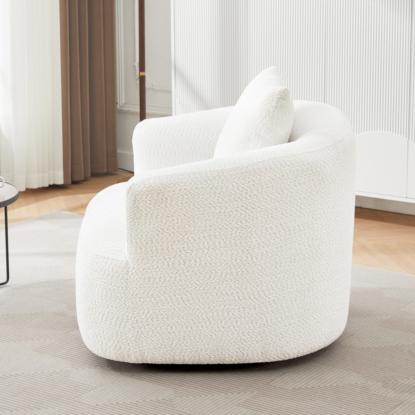 360¡ã Swivel Chair, 38.2 Boucle Accent Chair with Throw Pillow, Upholstered Barrel Sofa Chair with Curved Armrests