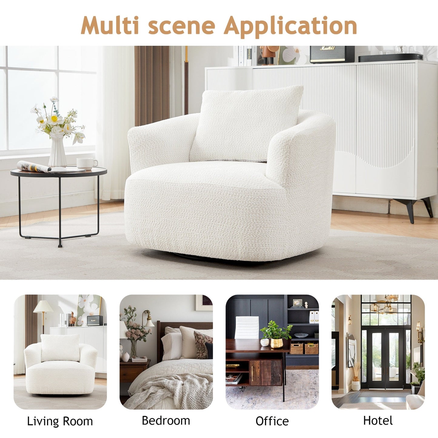 360¡ã Swivel Chair, 38.2 Boucle Accent Chair with Throw Pillow, Upholstered Barrel Sofa Chair with Curved Armrests