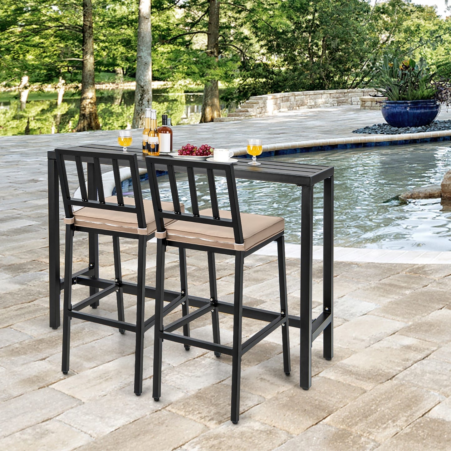 3PCS Patio Dining Table Set Metal Bar Table & Chairs Set with Cushion