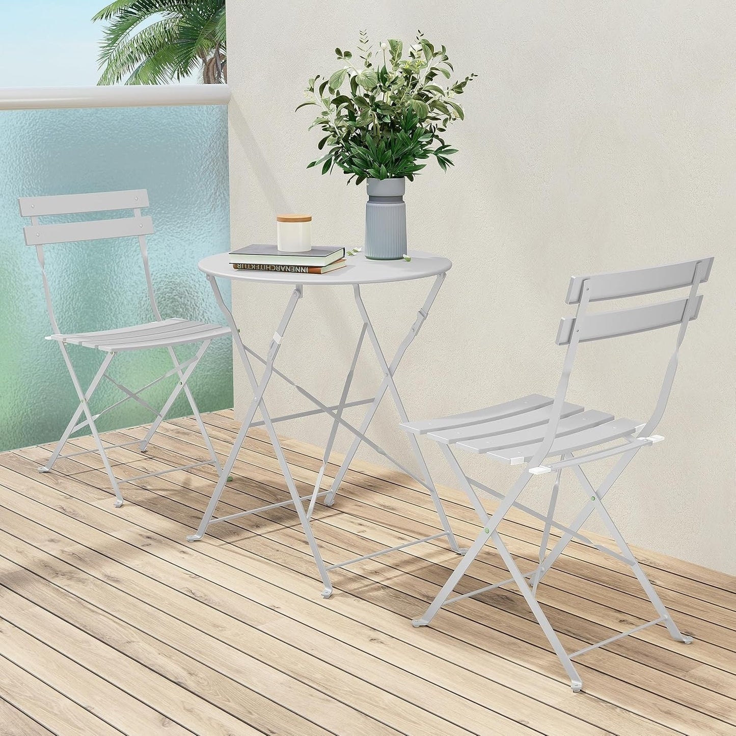 3pc Metal Folding Bistro Set, Weather-Resistant Outdoor/Indoor Conversation Set for Patio, Yard, Garden