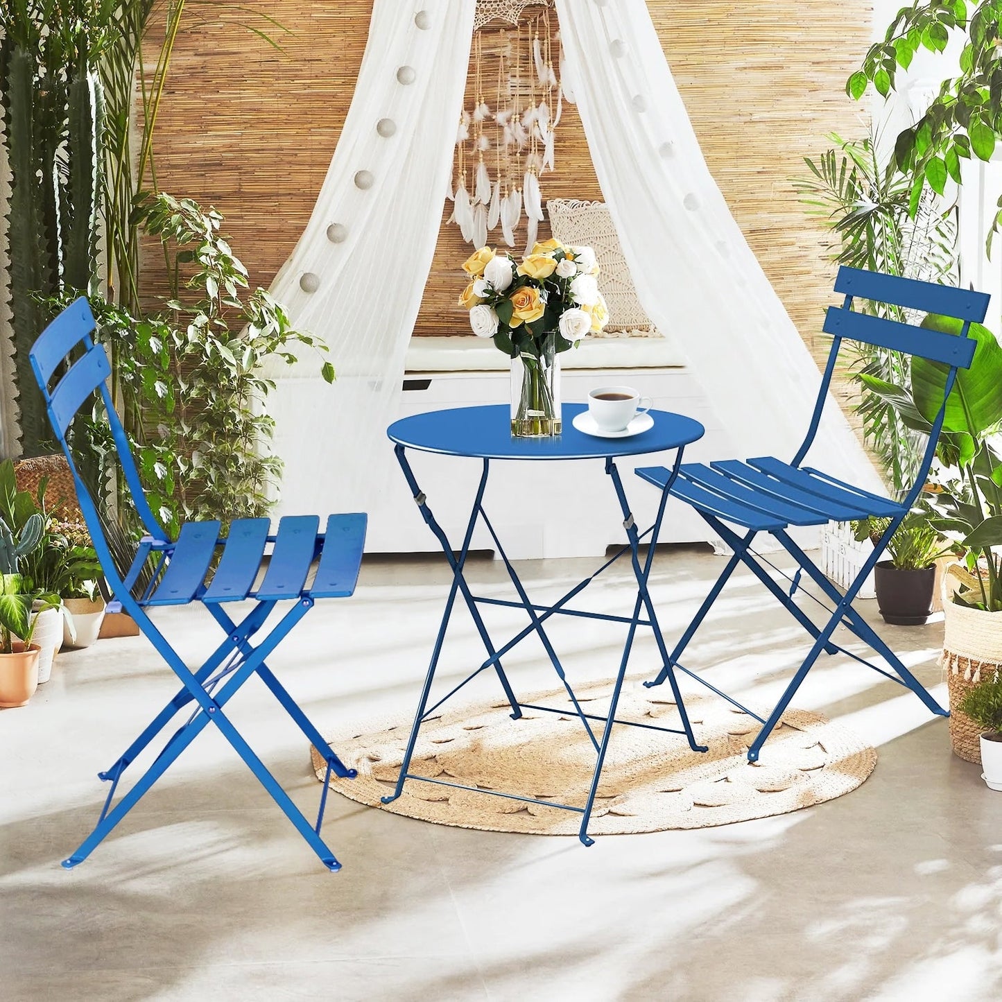 3pc Metal Folding Bistro Set, Weather-Resistant Outdoor/Indoor Conversation Set for Patio, Yard, Garden