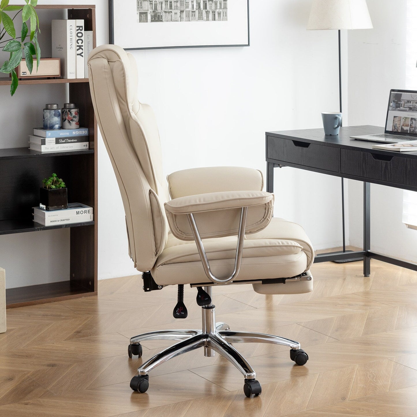 Beige Bonded Leather 360¡ã Swivel Ergonomic High Back Office Recliner with Lumbar Support, Footrest, Adjustable Height