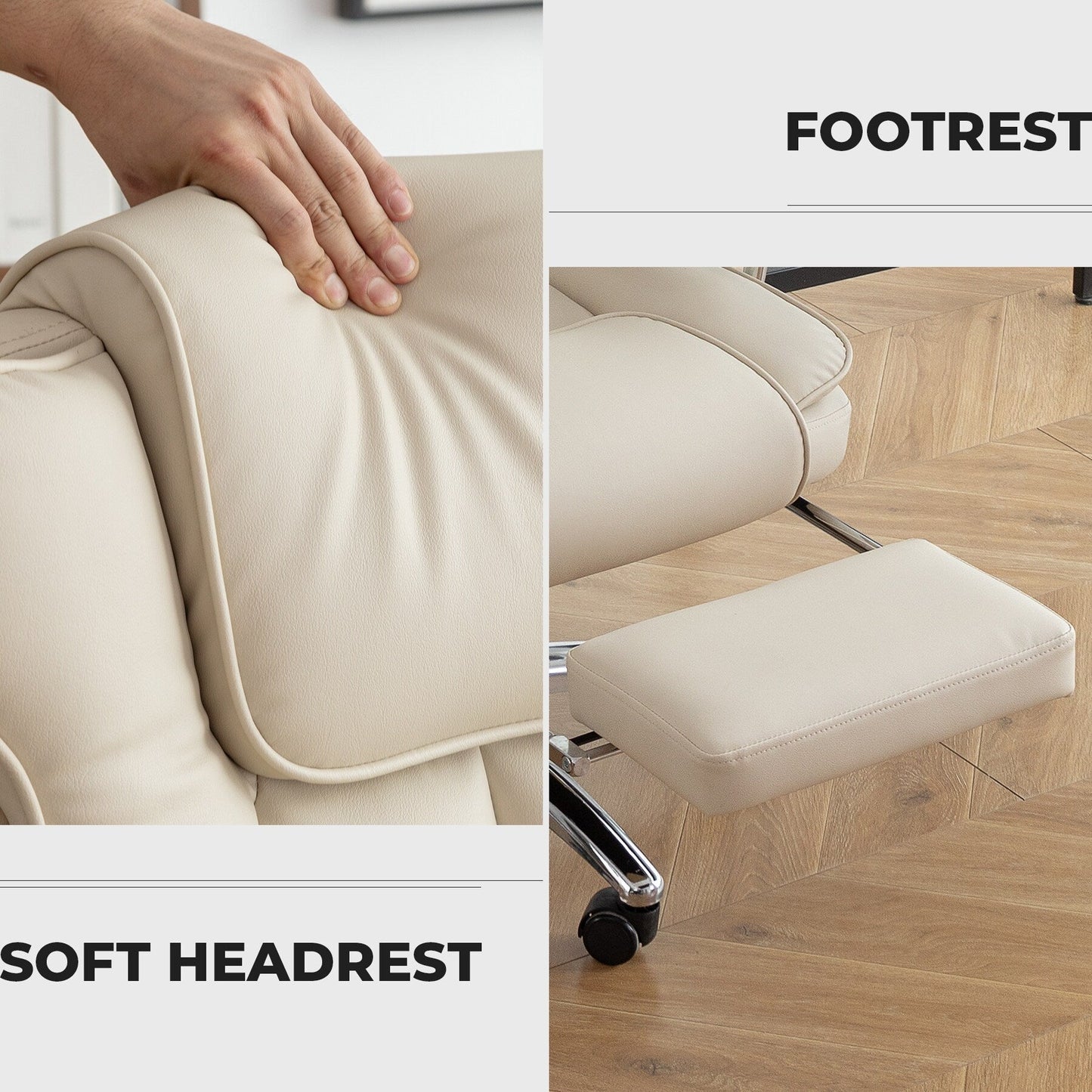Beige Bonded Leather 360¡ã Swivel Ergonomic High Back Office Recliner with Lumbar Support, Footrest, Adjustable Height