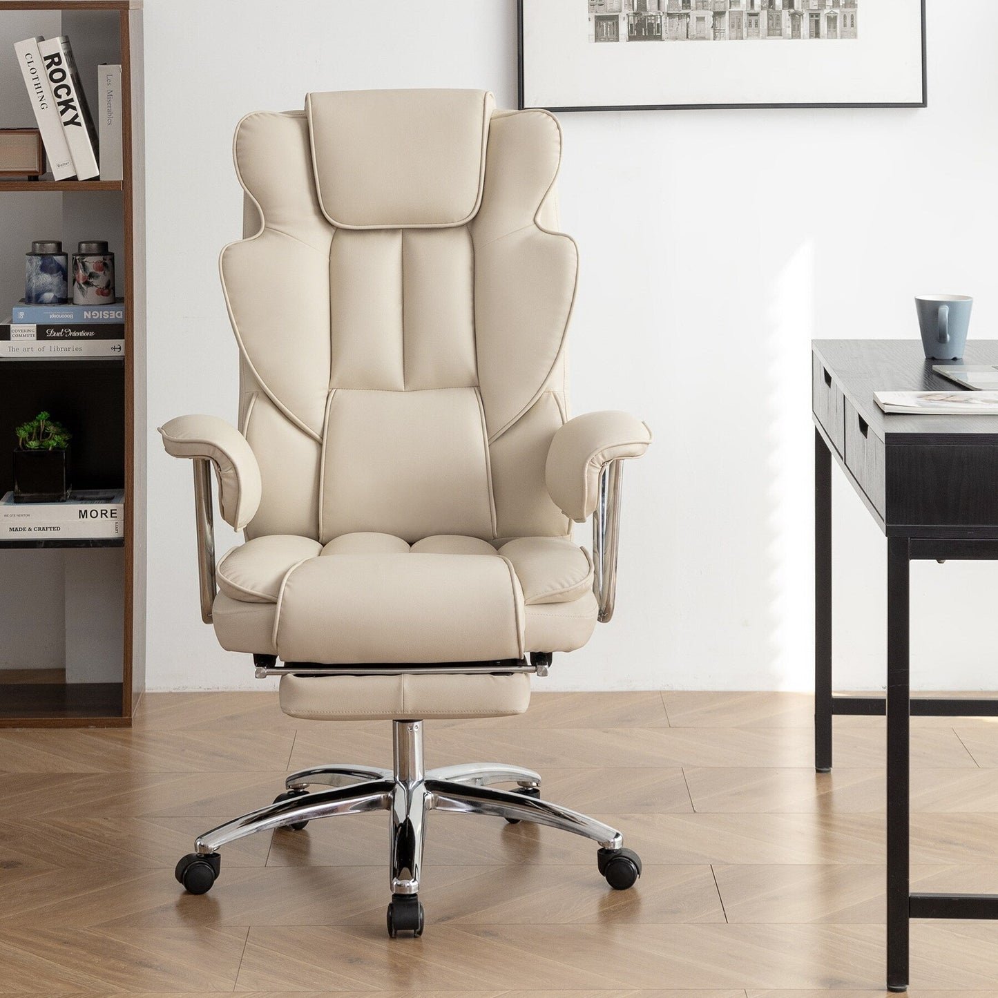 Beige Bonded Leather 360¡ã Swivel Ergonomic High Back Office Recliner with Lumbar Support, Footrest, Adjustable Height