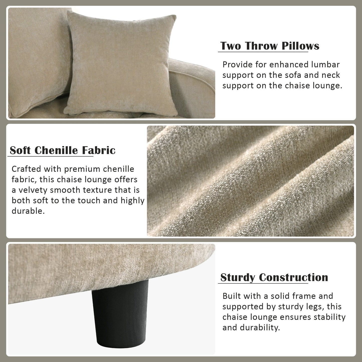 Chenille Chaise Lounge Sofa Bed, Upholstered Sofa Couch with Tufted Backrest and 2 Detachable Pillows for Living Room
