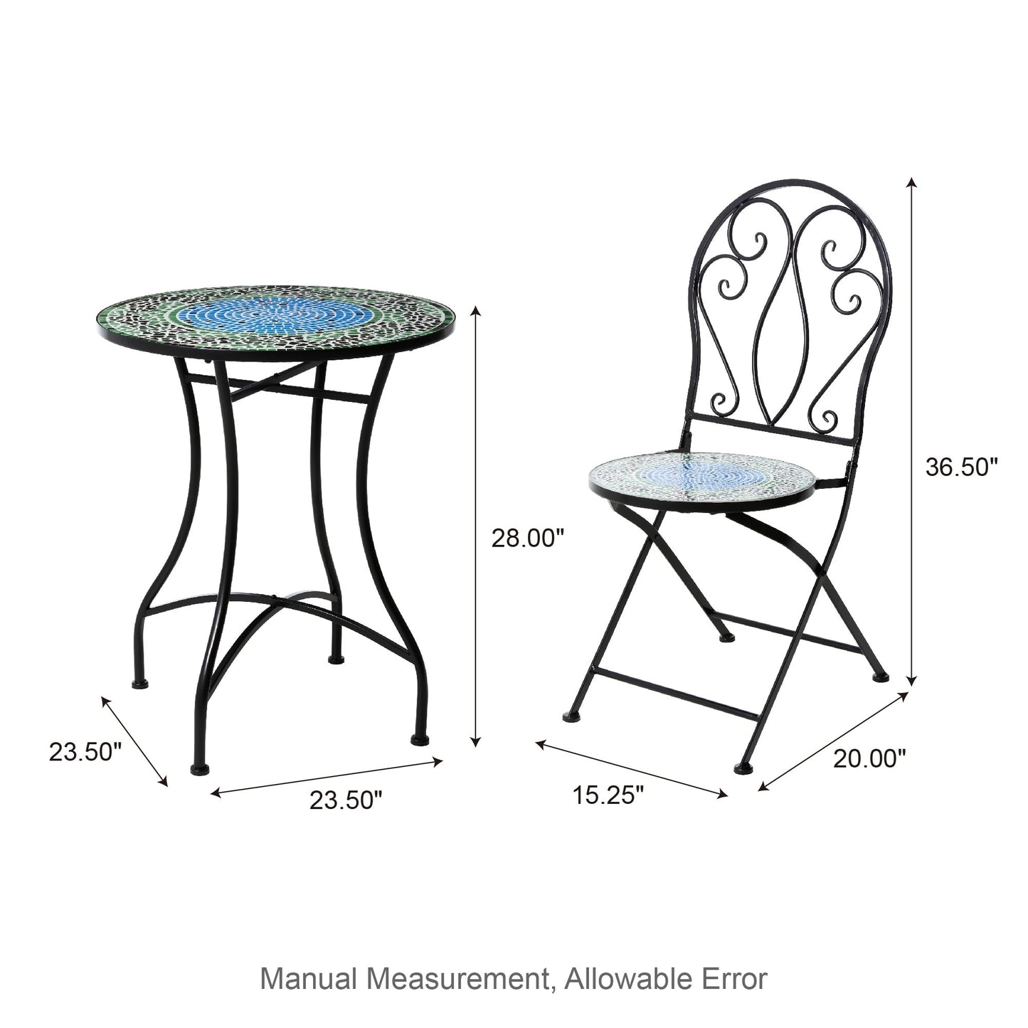 Glitzhome Outdoor Metal Folding Bistro Set 3PCS Patio Table Chairs