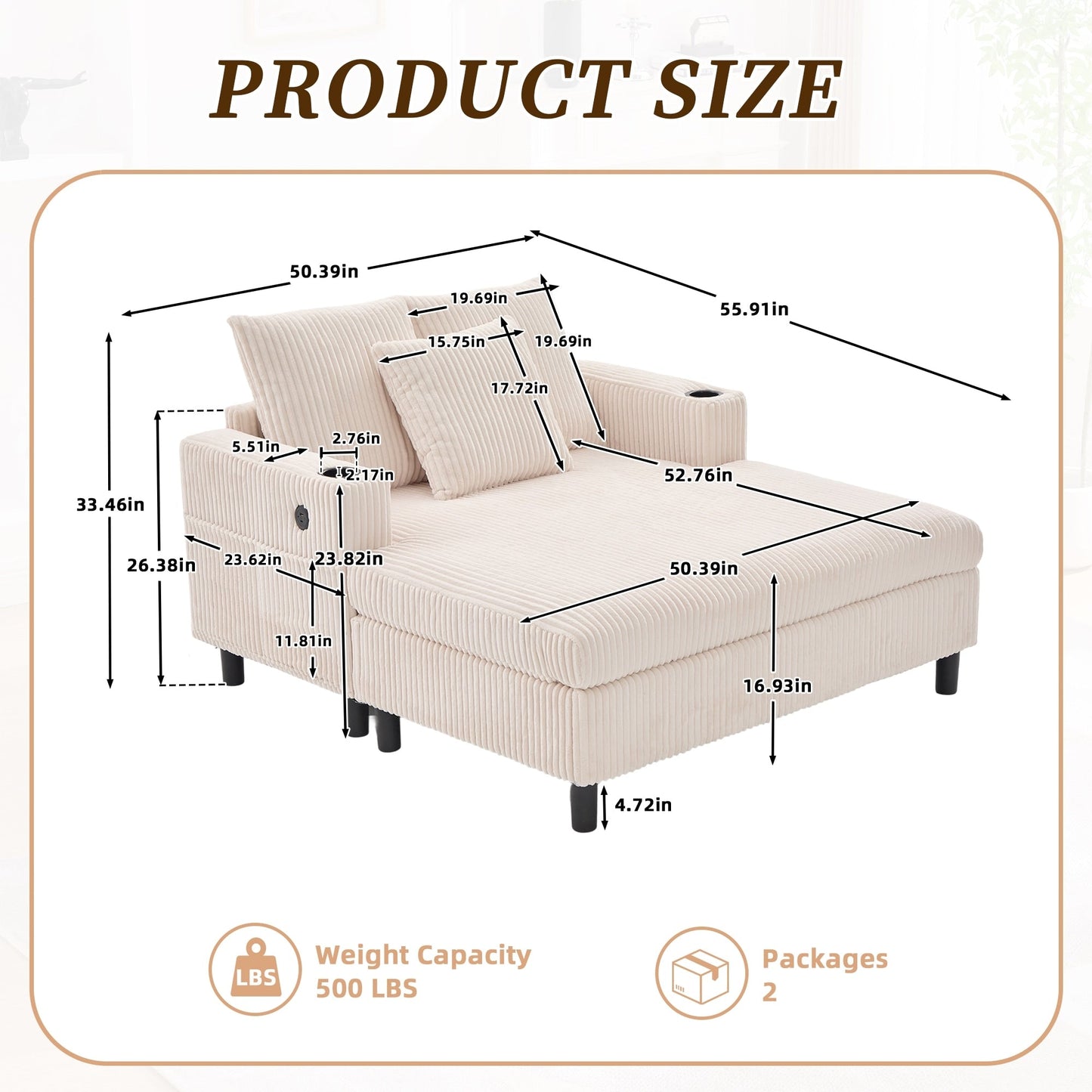 HOMEFUN Corduroy Upholstered Oversized RGB LED Light Recliner Sofa Bed with Cup Holder,USB&3 Pillows