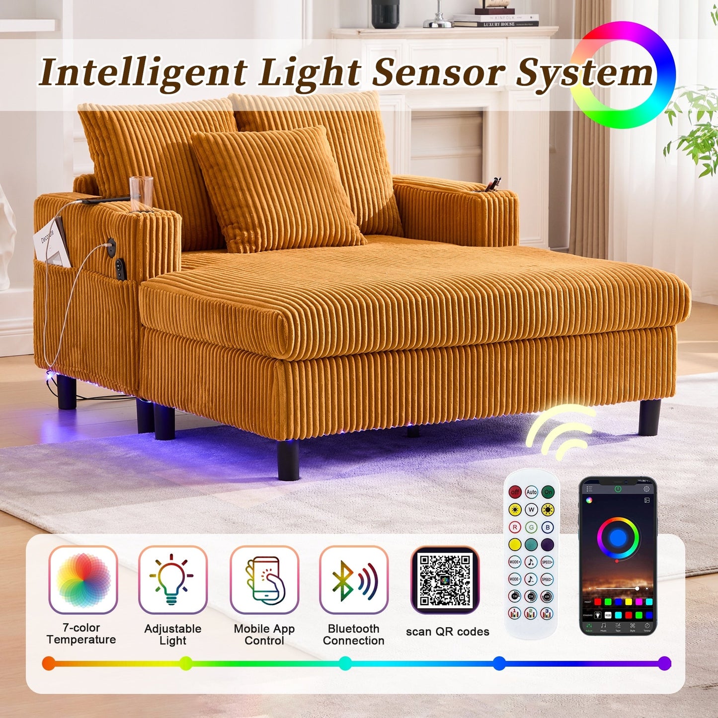 HOMEFUN Corduroy Upholstered Oversized RGB LED Light Recliner Sofa Bed with Cup Holder,USB&3 Pillows