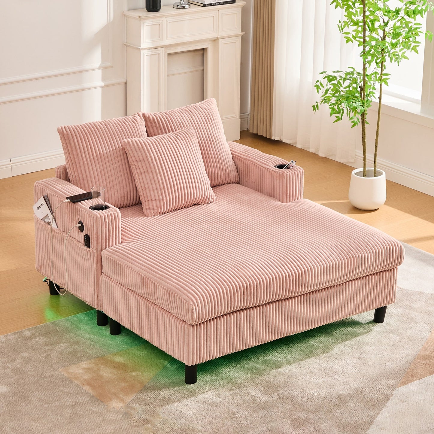 HOMEFUN Corduroy Upholstered Oversized RGB LED Light Recliner Sofa Bed with Cup Holder,USB&3 Pillows