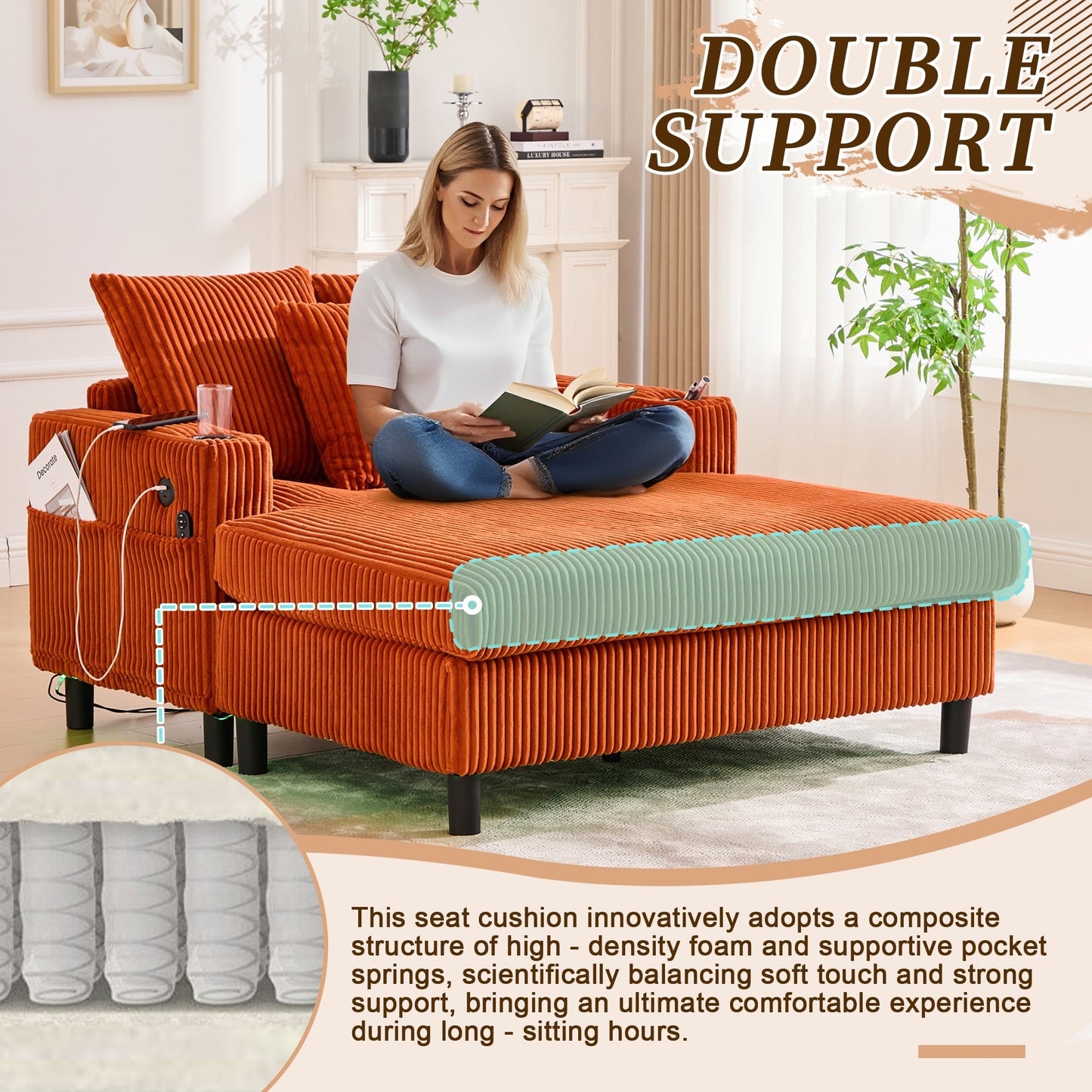 HOMEFUN Corduroy Upholstered Oversized RGB LED Light Recliner Sofa Bed with Cup Holder,USB&3 Pillows