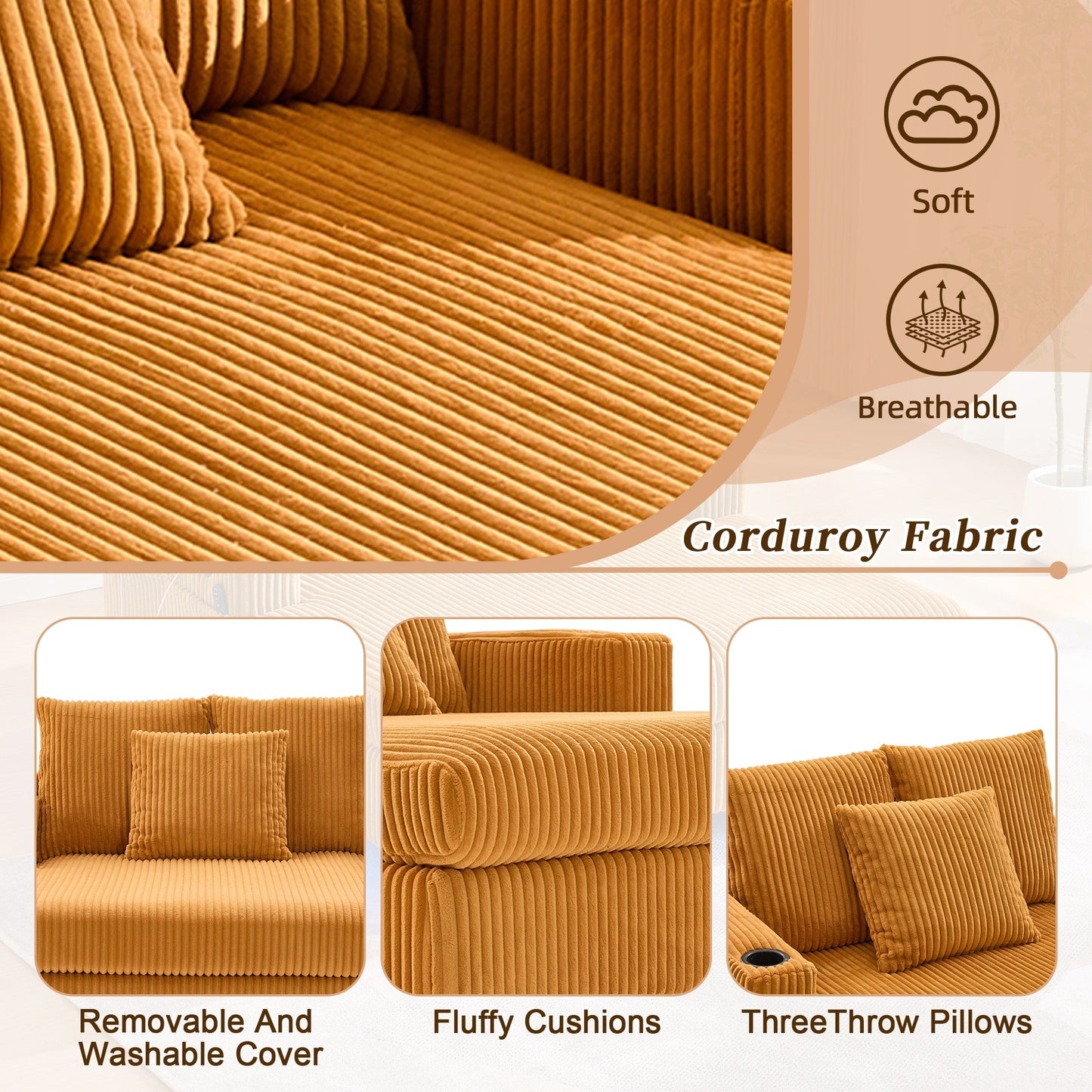 HOMEFUN Corduroy Upholstered Oversized RGB LED Light Recliner Sofa Bed with Cup Holder,USB&3 Pillows
