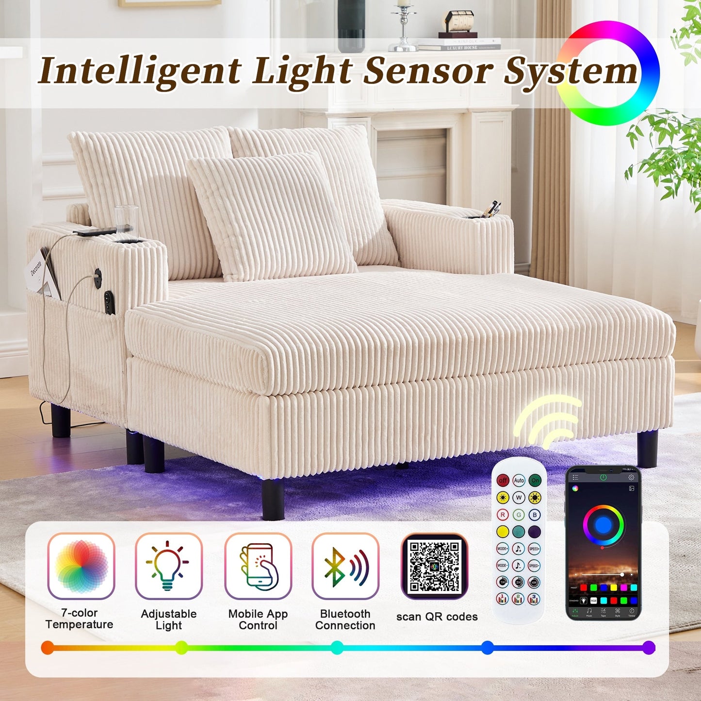 HOMEFUN Corduroy Upholstered Oversized RGB LED Light Recliner Sofa Bed with Cup Holder,USB&3 Pillows