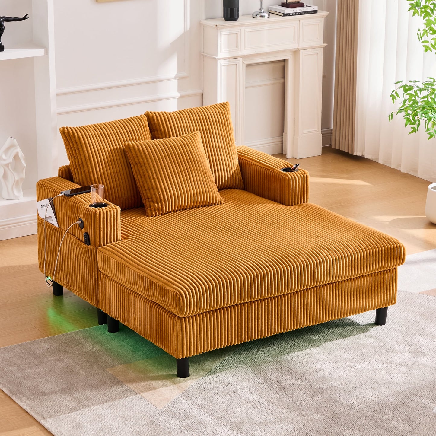 HOMEFUN Corduroy Upholstered Oversized RGB LED Light Recliner Sofa Bed with Cup Holder,USB&3 Pillows