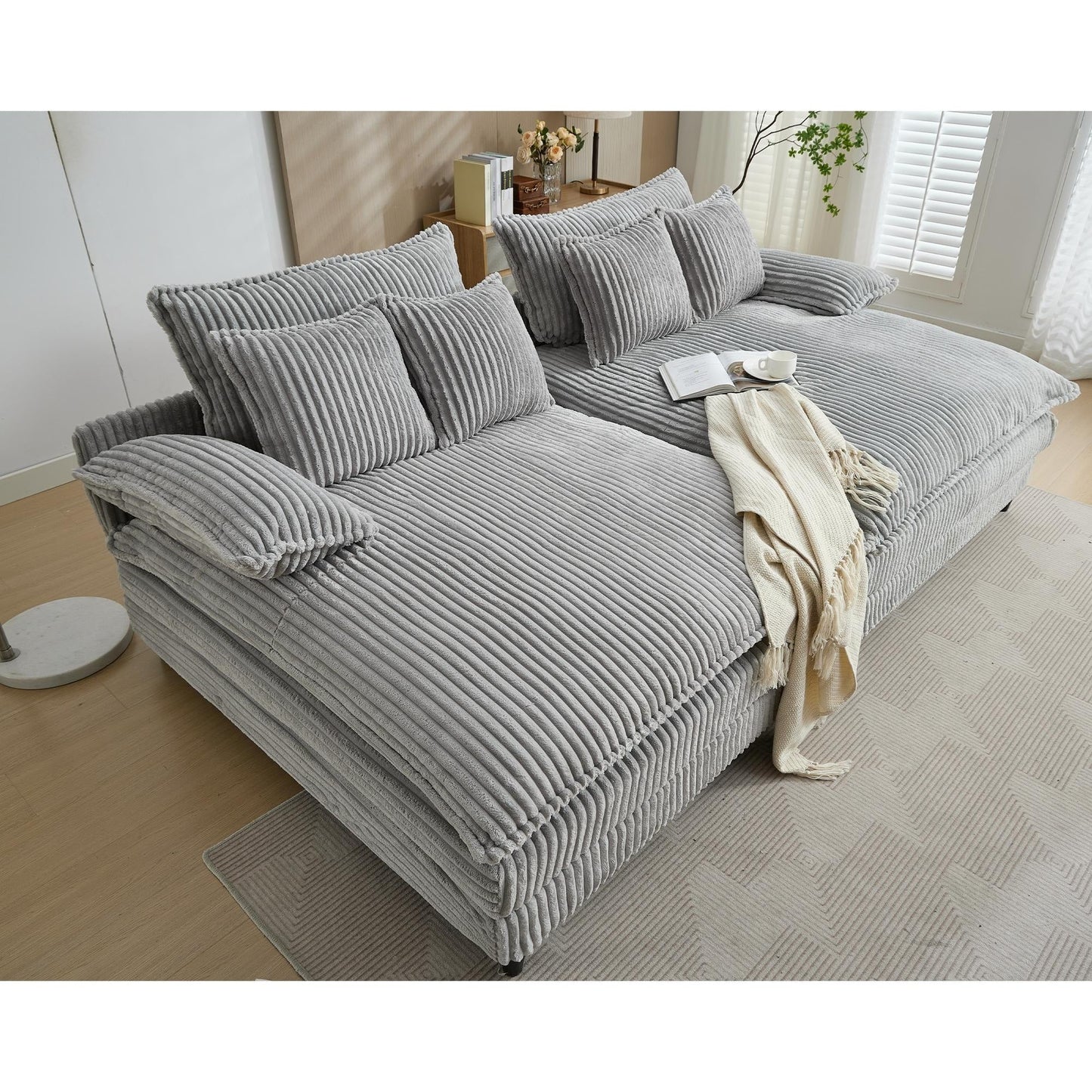 Harmonia 109 W Oversized Corduroy Sofa Bed, Deep Seat Double Lounge Chaise with 4 Pillows
