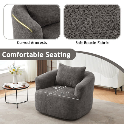 360¡ã Swivel Chair, 38.2 Boucle Accent Chair with Throw Pillow, Upholstered Barrel Sofa Chair with Curved Armrests