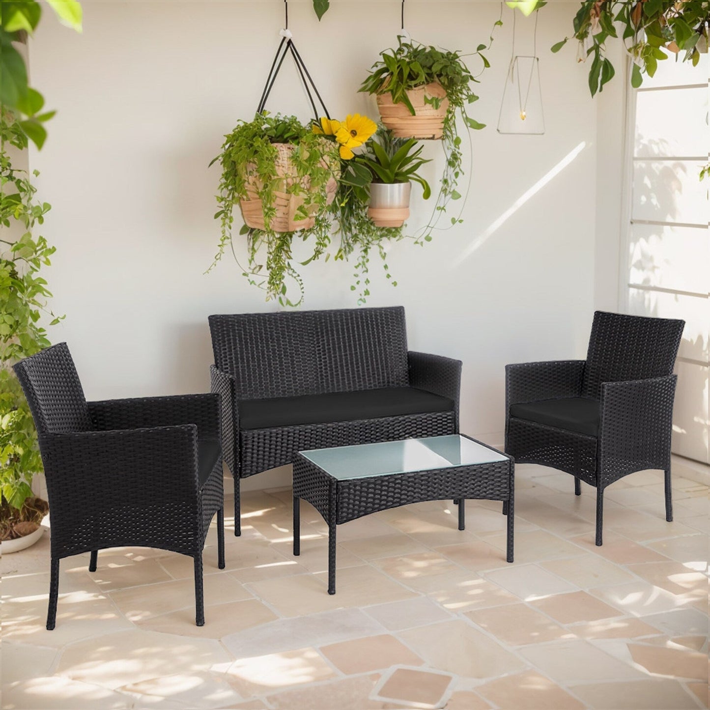 4 Piece Patio Conversation Wicker Furniture Set, Outdoor Rattan Sectional Furniture Set With Cushions