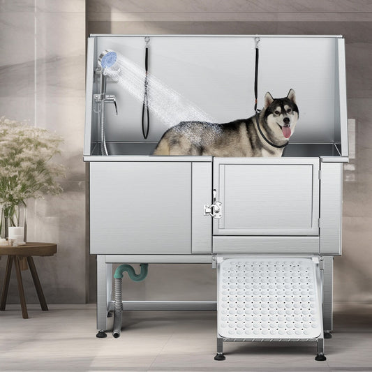 50'' W Stainless Steel Adjustable Pet Grooming Tub with Ramp - Silver