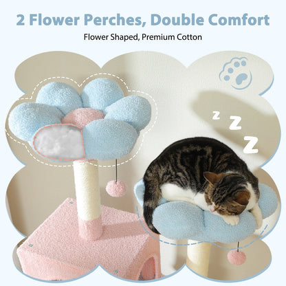 Large Cat Tower Cat Condo with Scratching Posts and Pads, 2 Padded Perch, Dual Condo and Basket