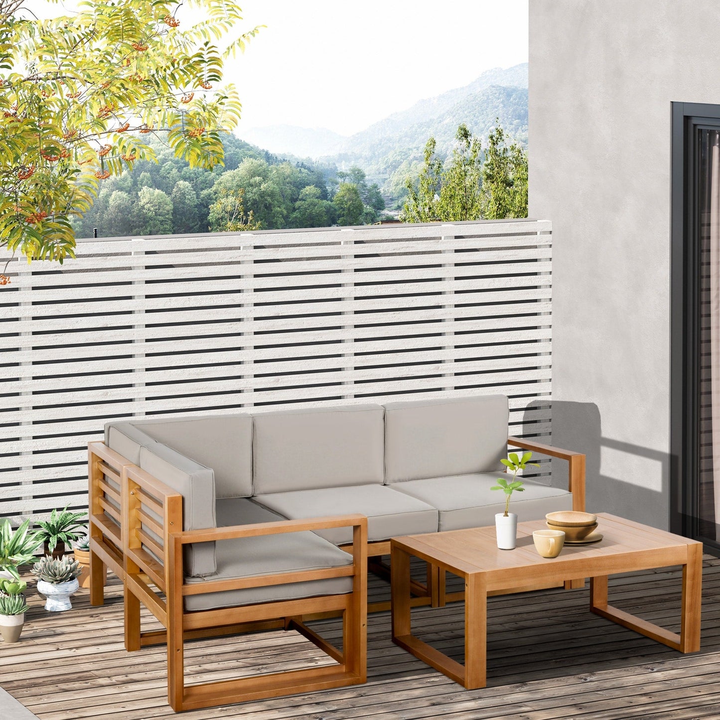 Outsunny 5 PCS L Shaped Patio Furniture Set, Wood Outdoor Sectional Sofa Conversation Set, Grey