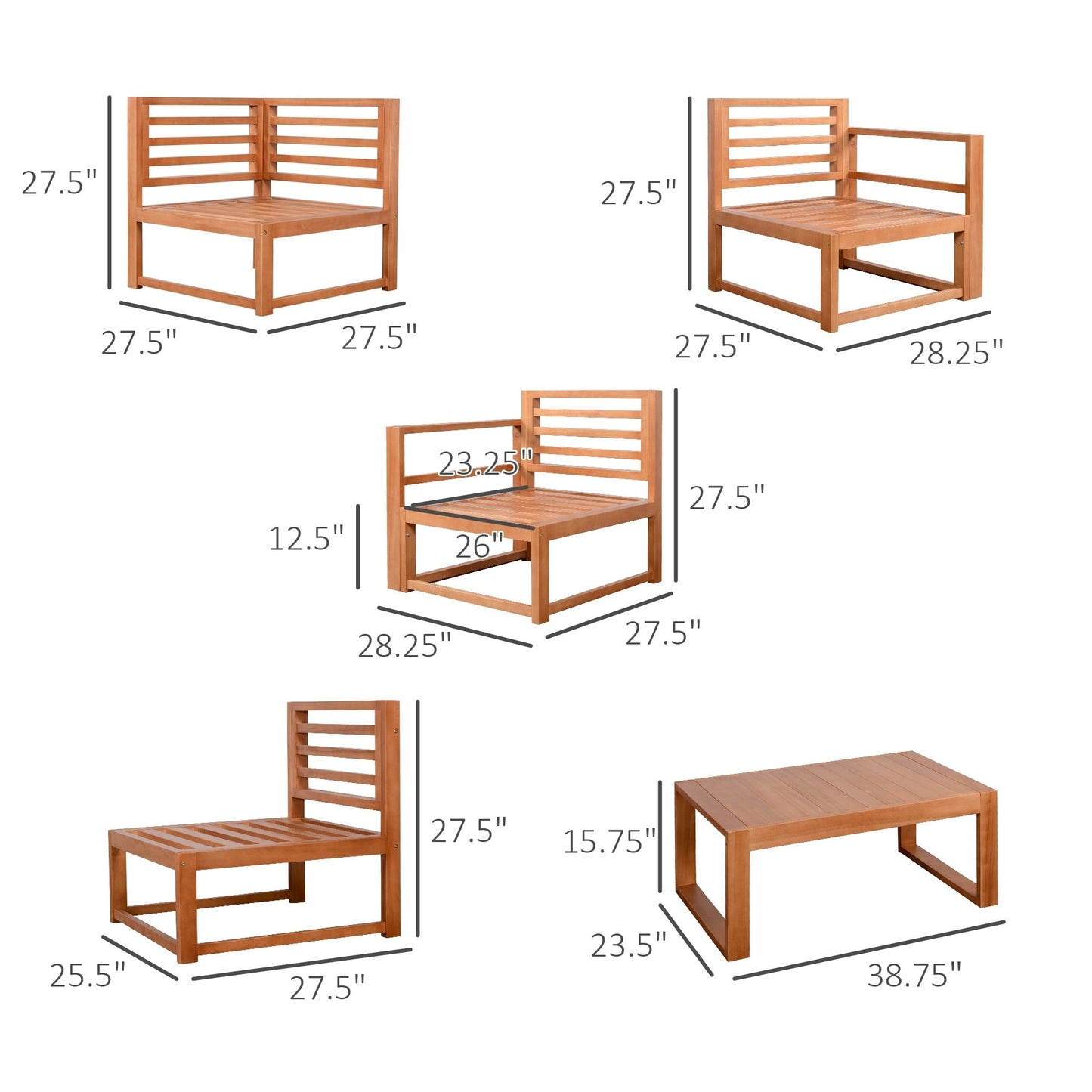 Outsunny 5 PCS L Shaped Patio Furniture Set, Wood Outdoor Sectional Sofa Conversation Set, Grey