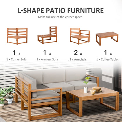 Outsunny 5 PCS L Shaped Patio Furniture Set, Wood Outdoor Sectional Sofa Conversation Set, Grey