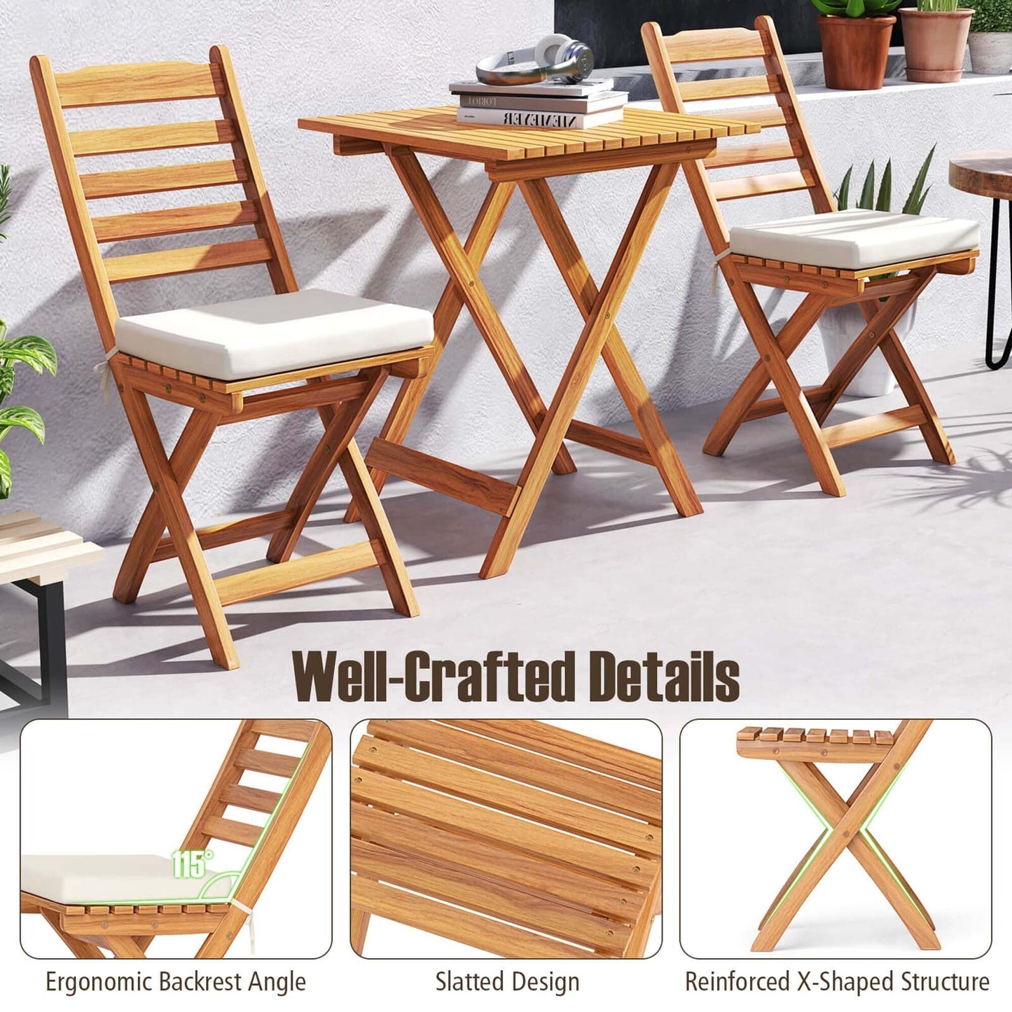 Patiojoy 3-Piece Folding Bistro Set with Removable Seat Cushions - See Details